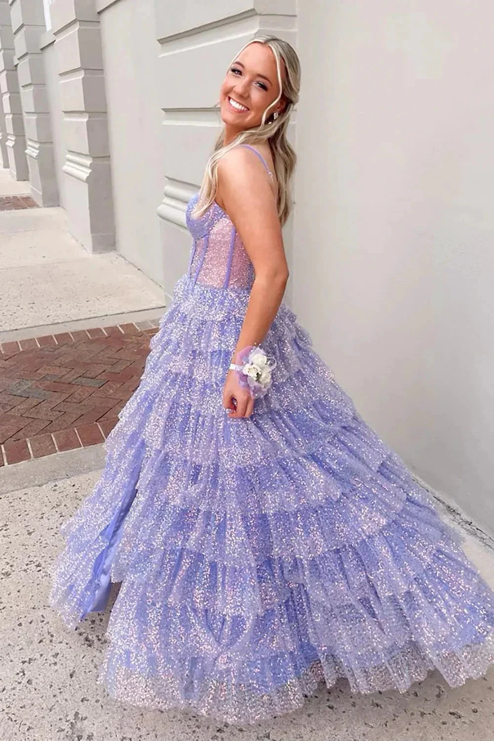 Eleanor | Glitter Tulle Corset Ruffle Tiered Long Prom Dress with Slit - Image 3