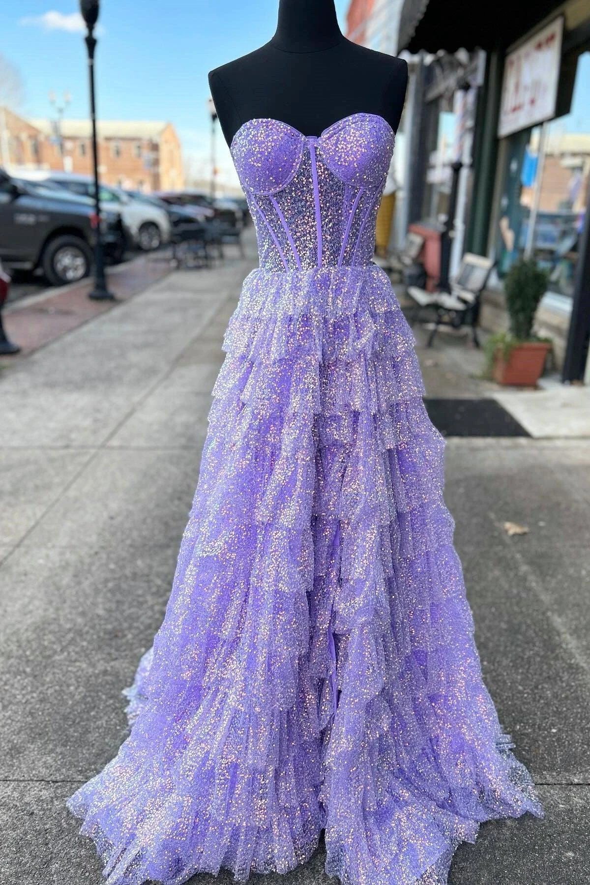 Eleanor | Glitter Tulle Corset Ruffle Tiered Long Prom Dress with Slit - Image 5