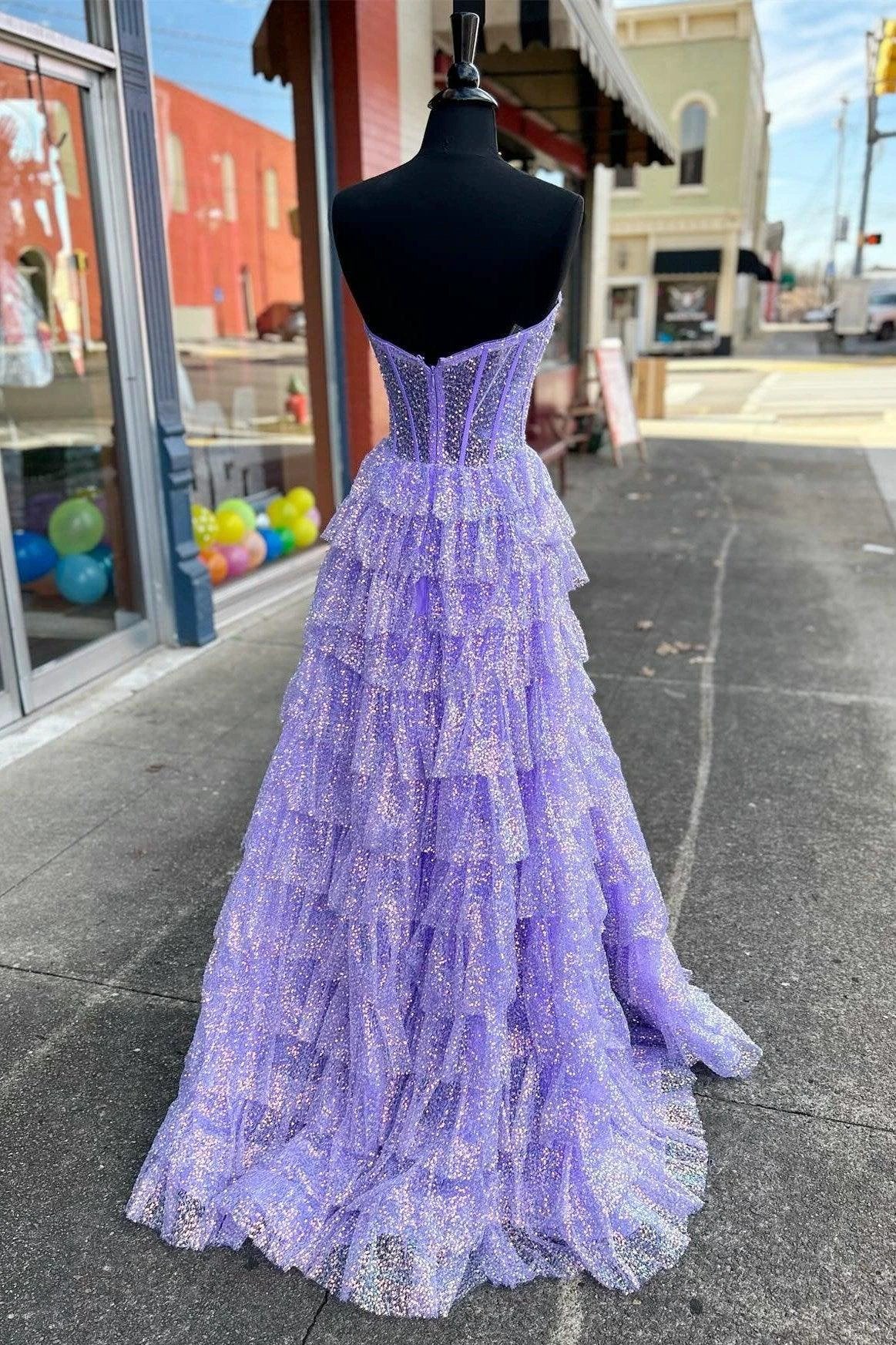 Eleanor | Glitter Tulle Corset Ruffle Tiered Long Prom Dress with Slit - Image 6