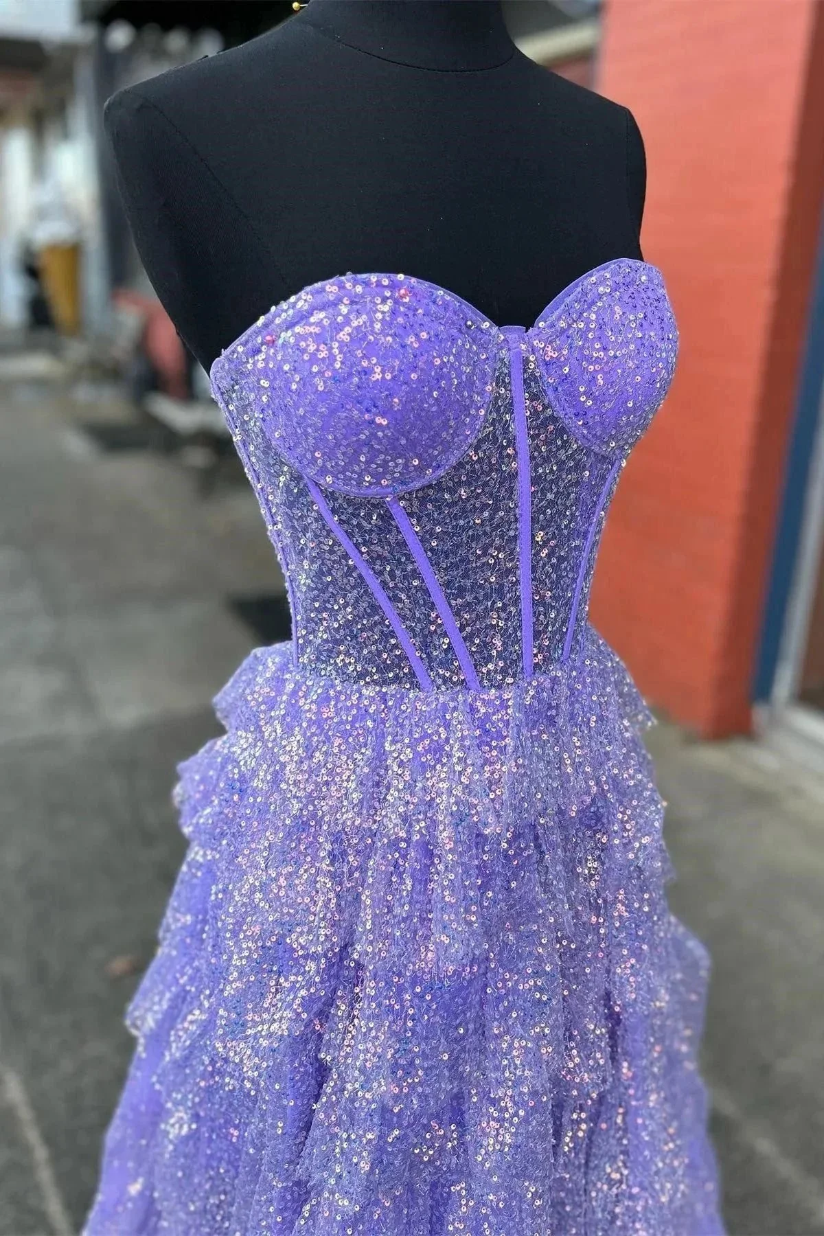 Eleanor | Glitter Tulle Corset Ruffle Tiered Long Prom Dress with Slit - Image 7