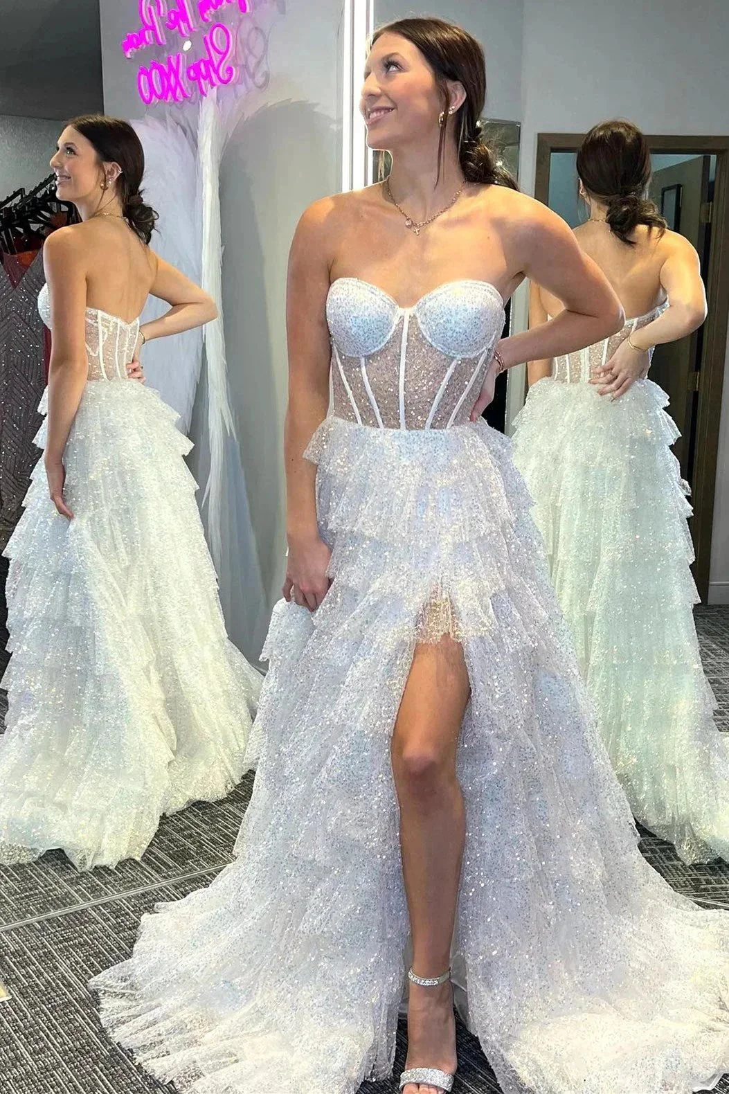 Eleanor | Glitter Tulle Corset Ruffle Tiered Long Prom Dress with Slit - Image 8