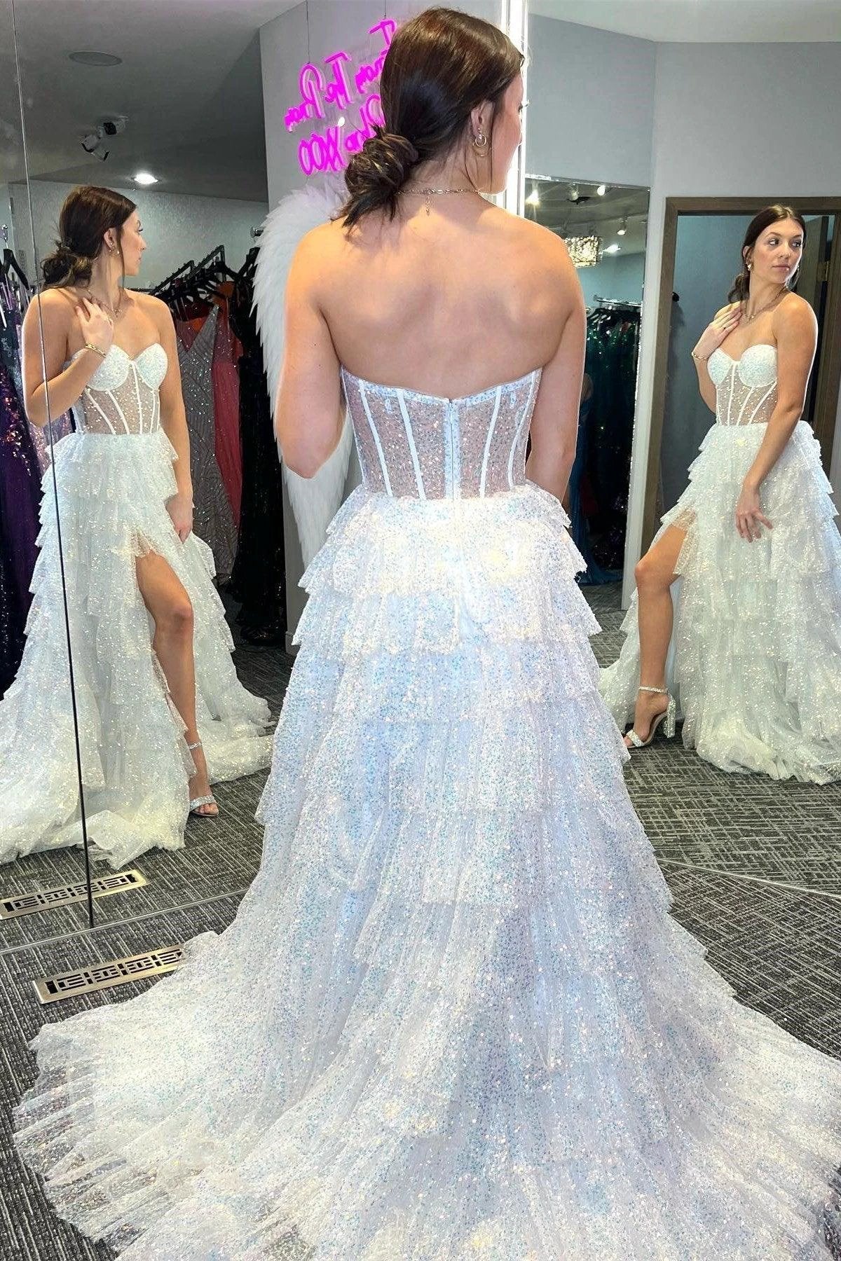 Eleanor | Glitter Tulle Corset Ruffle Tiered Long Prom Dress with Slit - Image 9