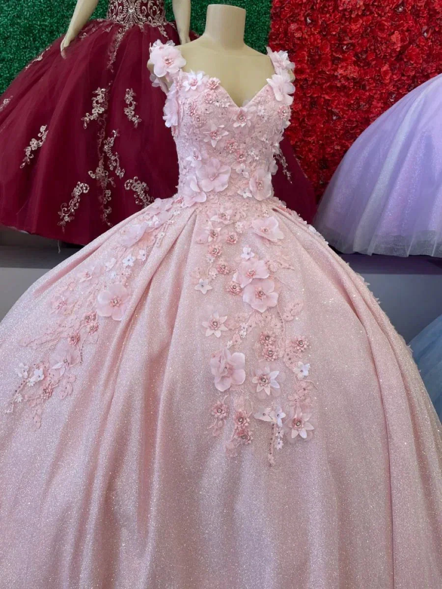 Glitter V Neck Pink Ball Gown with Floral Lace  Y2696 - Image 2
