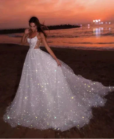 Glitter White Sequin Tulle Prom Evening Dress, A-line Sleeveless Beach Long Wedding Gown Y8011 - Image 2