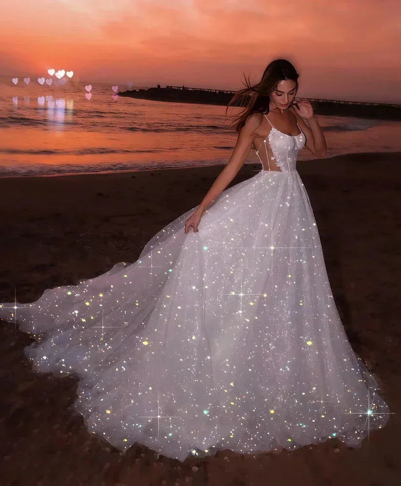 Glitter White Sequin Tulle Prom Evening Dress, A-line Sleeveless Beach Long Wedding Gown Y8011 - Image 3