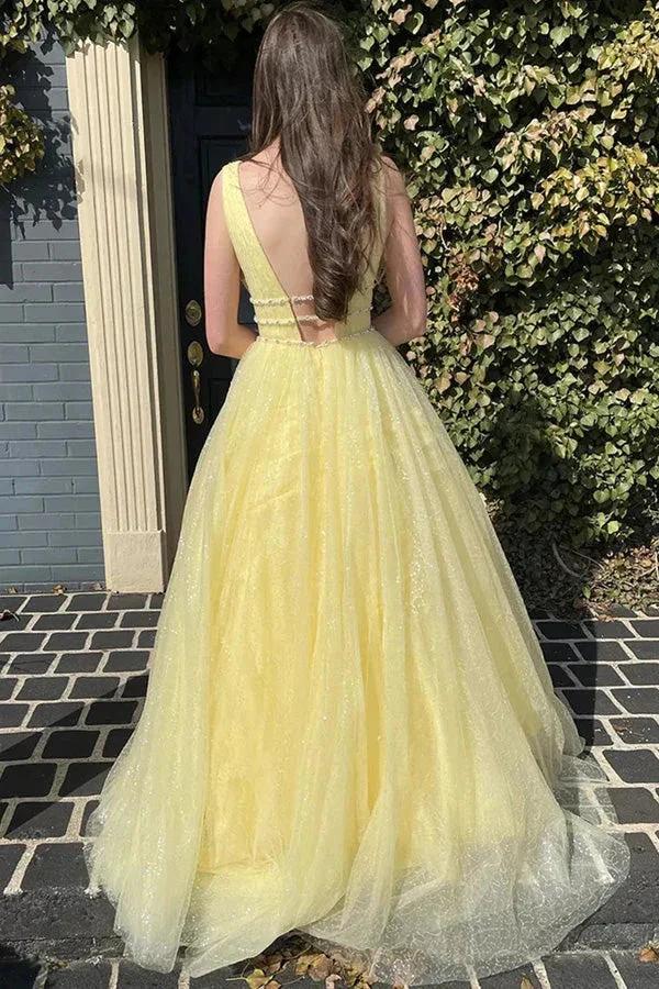 Glitter Yellow A-Line Beaded Long Tulle Prom Formal Dress PSK529 - Image 2