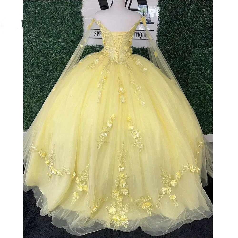 Glitter Yellow Quinceanera Dresses Spaghetti Strap With Wrap Sweet 15 Ball Gowns 3D Flower Bead  Y4050 - Image 2