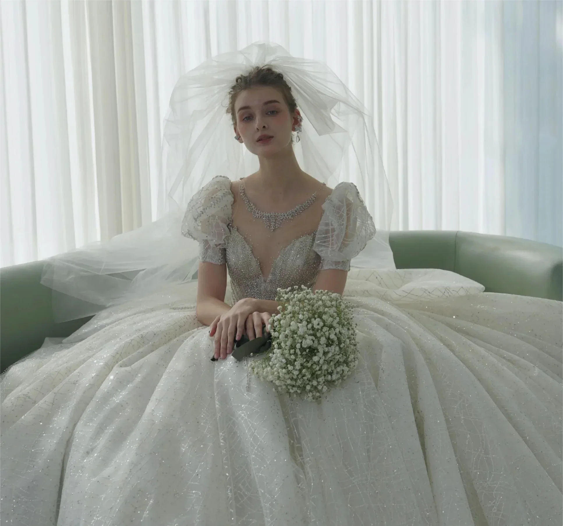 Glittering Ball Gown Deep V-Neck Tulle Wedding Dress with Beaded Embroidery & Puff Sleeves 6021-1 - Image 2