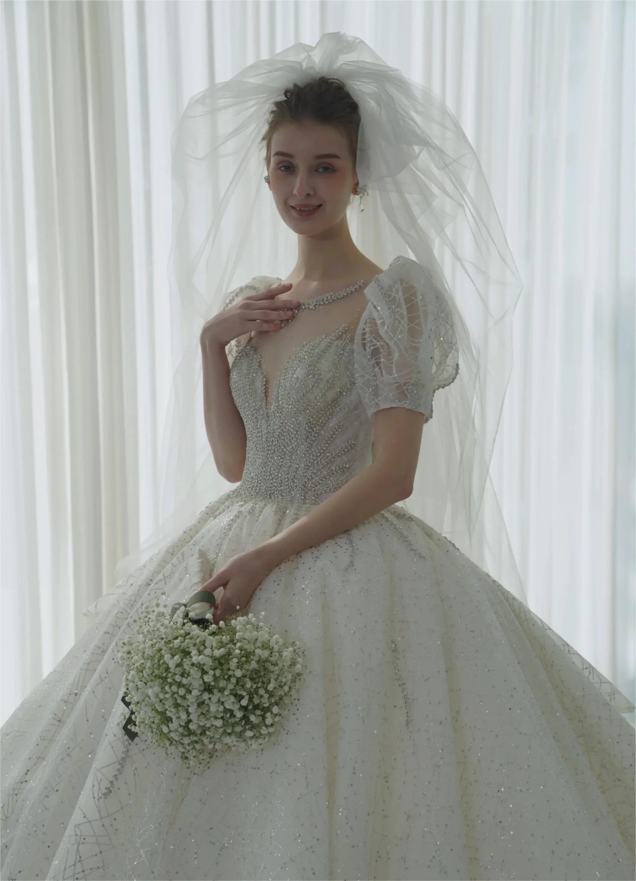 Glittering Ball Gown Deep V-Neck Tulle Wedding Dress with Beaded Embroidery & Puff Sleeves 6021-1 - Image 3
