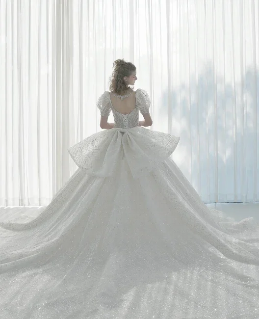 Glittering Ball Gown Deep V-Neck Tulle Wedding Dress with Beaded Embroidery & Puff Sleeves 6021-1 - Image 4