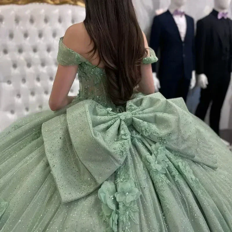 Glittering Sage Green Quinceanera Dress,Tulle Appliques Sequins Crystals Birthday Party Ball Gown With Bow Y8116 - Image 2