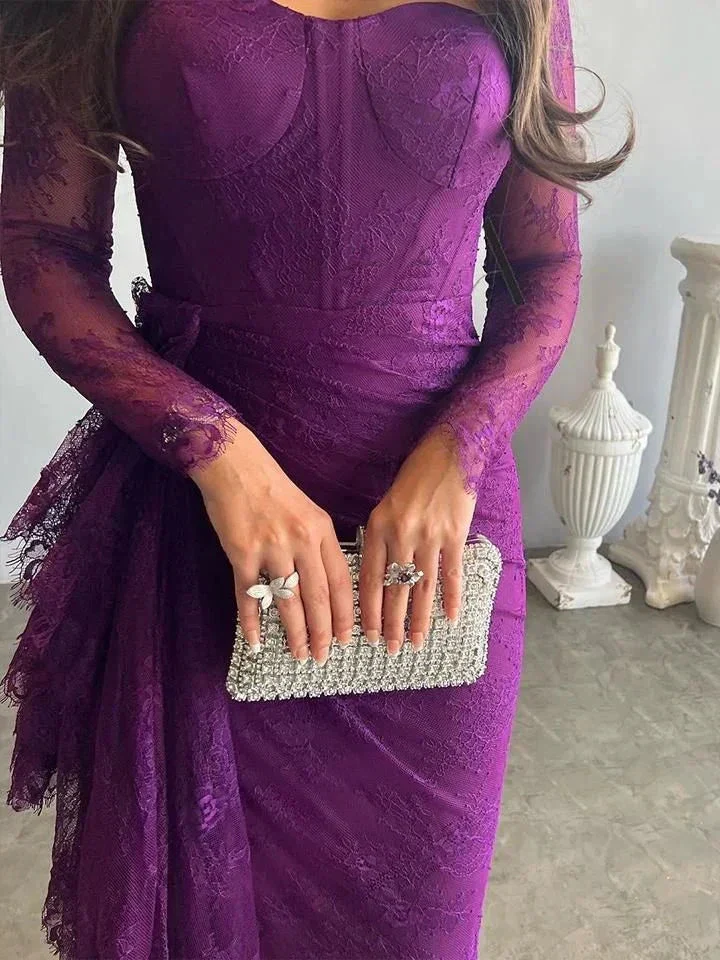 Goegeous Mermaid Split-Side Pleated Lace Evening Dress Purple Long Prom Dress Y7766 - Image 2