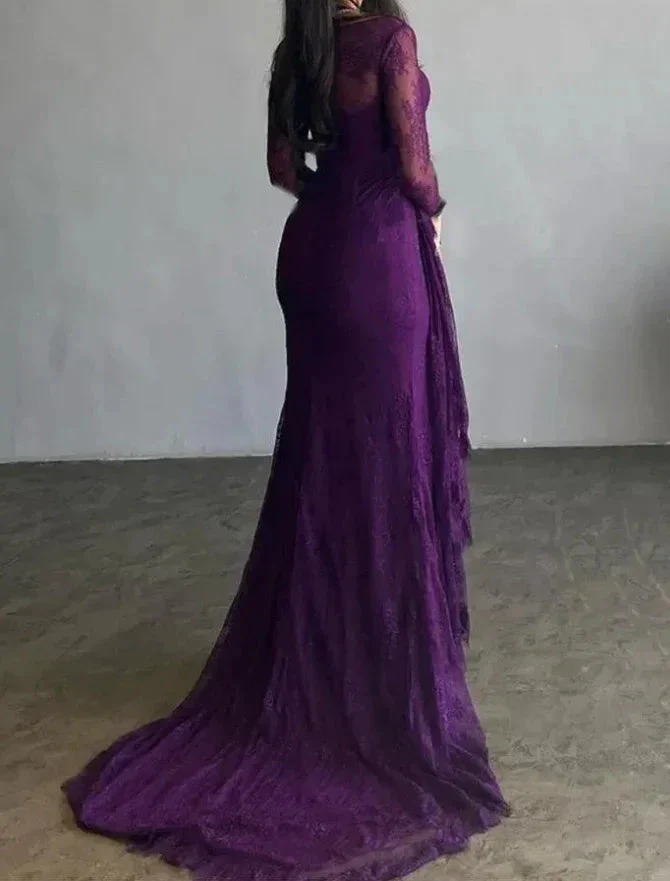 Goegeous Mermaid Split-Side Pleated Lace Evening Dress Purple Long Prom Dress Y7766 - Image 3