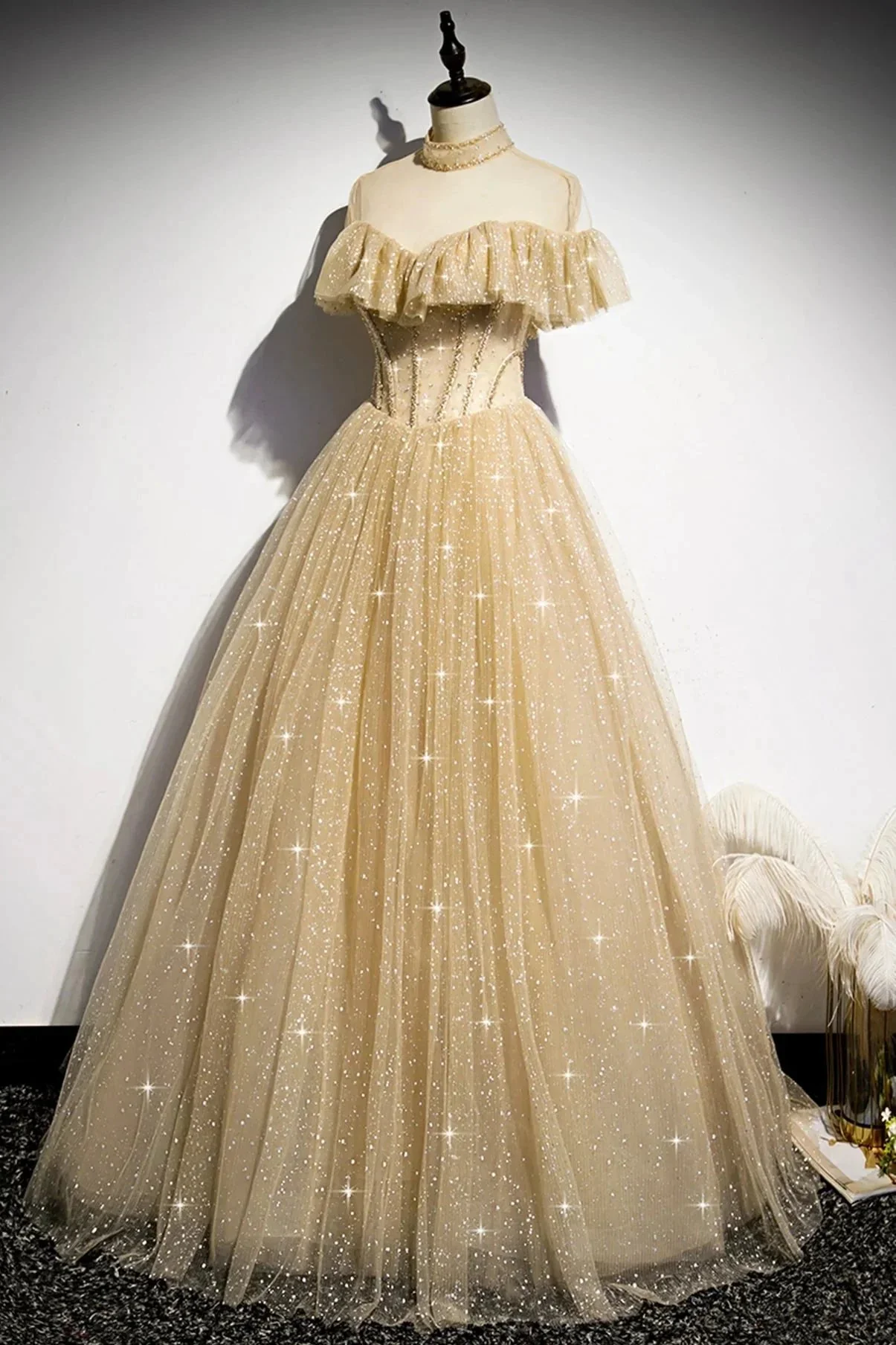 Gold A line sequins long ball gown dress formal dress s78 - Image 2