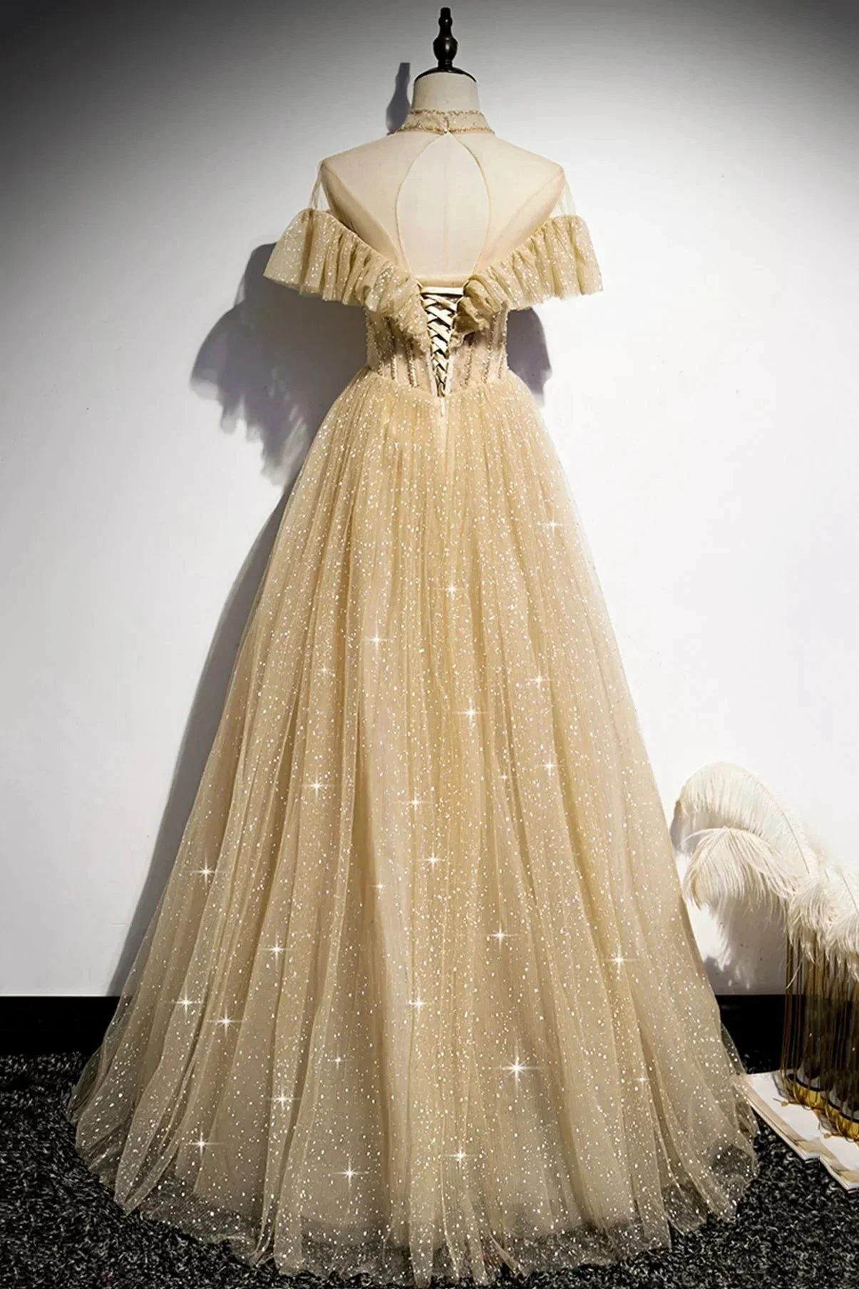 Gold A line sequins long ball gown dress formal dress s78 - Image 3