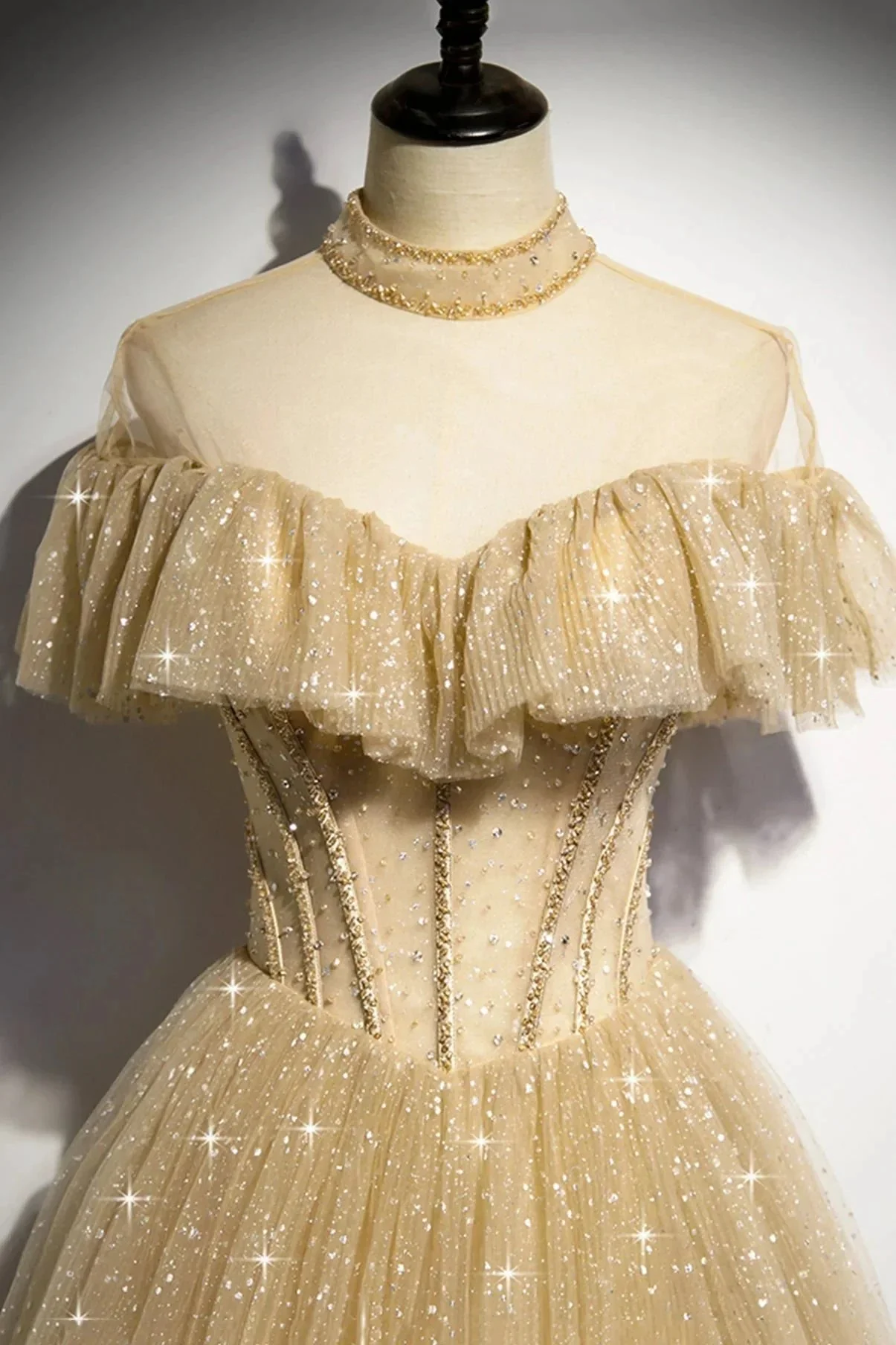Gold A line sequins long ball gown dress formal dress s78 - Image 4