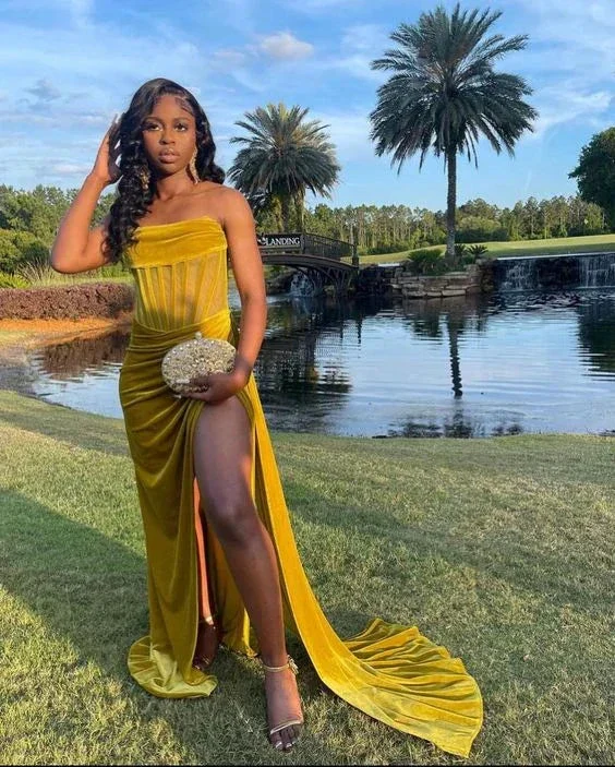 Gold Draping Corset High Slit Velvet Gown Gold Evening Dress Y5342 - Image 2