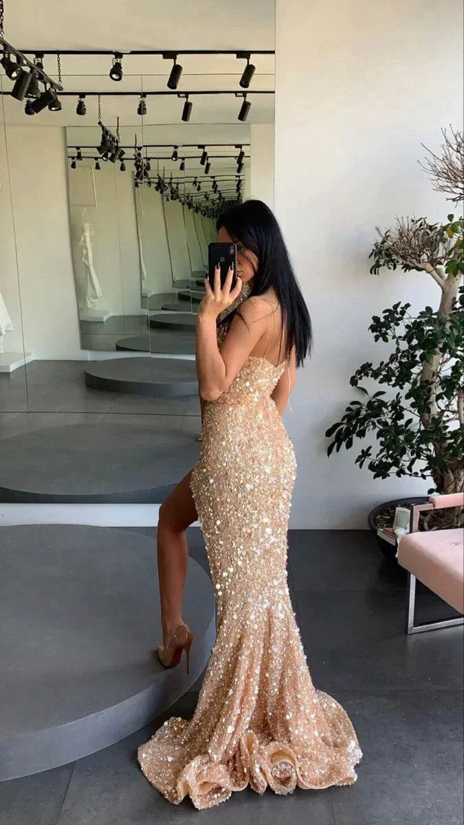 Gold engagement dress spaghetti straps prom dress leg split sequins evening dress Y71 - Image 2