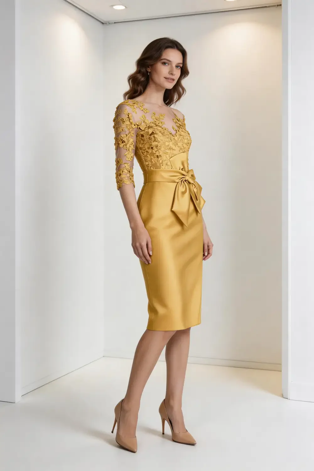 Gold Lace Illusion Neck Satin Sheath Dress With Bow Waist - Image 2