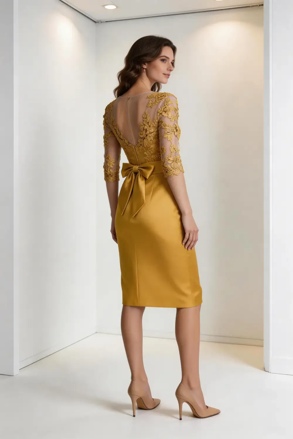 Gold Lace Illusion Neck Satin Sheath Dress With Bow Waist - Image 3