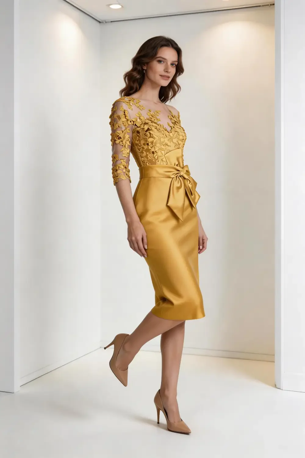 Gold Lace Illusion Neck Satin Sheath Dress With Bow Waist - Image 4