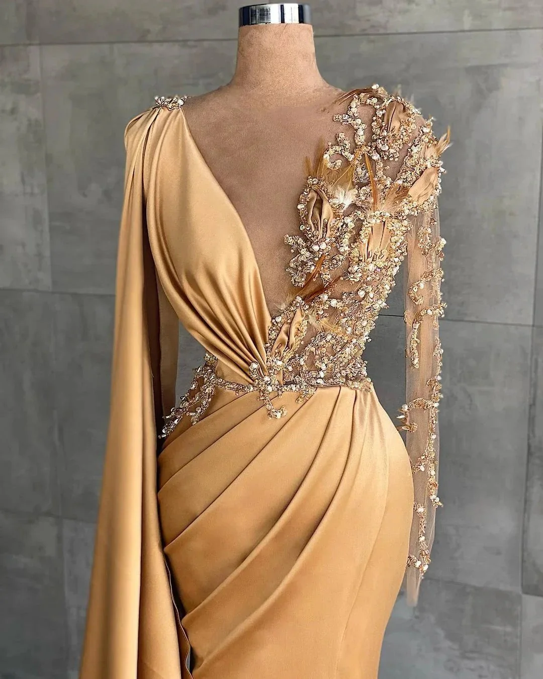 Gold Long Glitter Prom Dresses Evening dresses with sleeves - Image 2