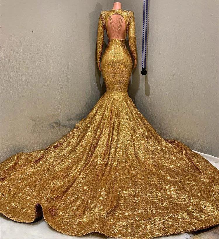 Gold Long Sequined V-Neck Bakless Mermaid Prom Dress With Sleeves - Image 2