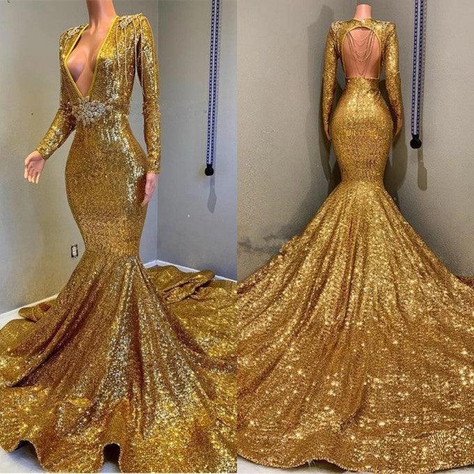 Gold Long Sequined V-Neck Bakless Mermaid Prom Dress With Sleeves - Image 3
