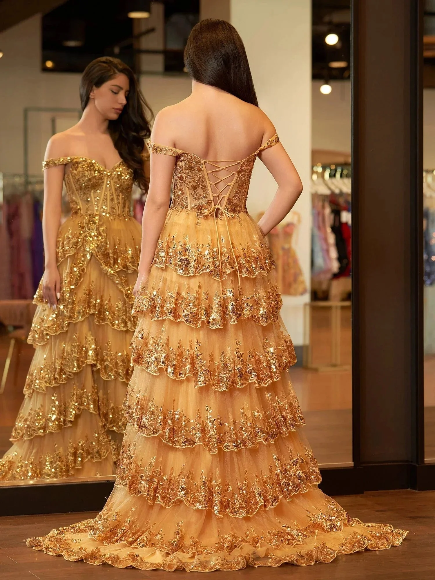 Gold Princess A Line Off the Shoulder Corset Prom Dress with Lace Ruffles - Image 2