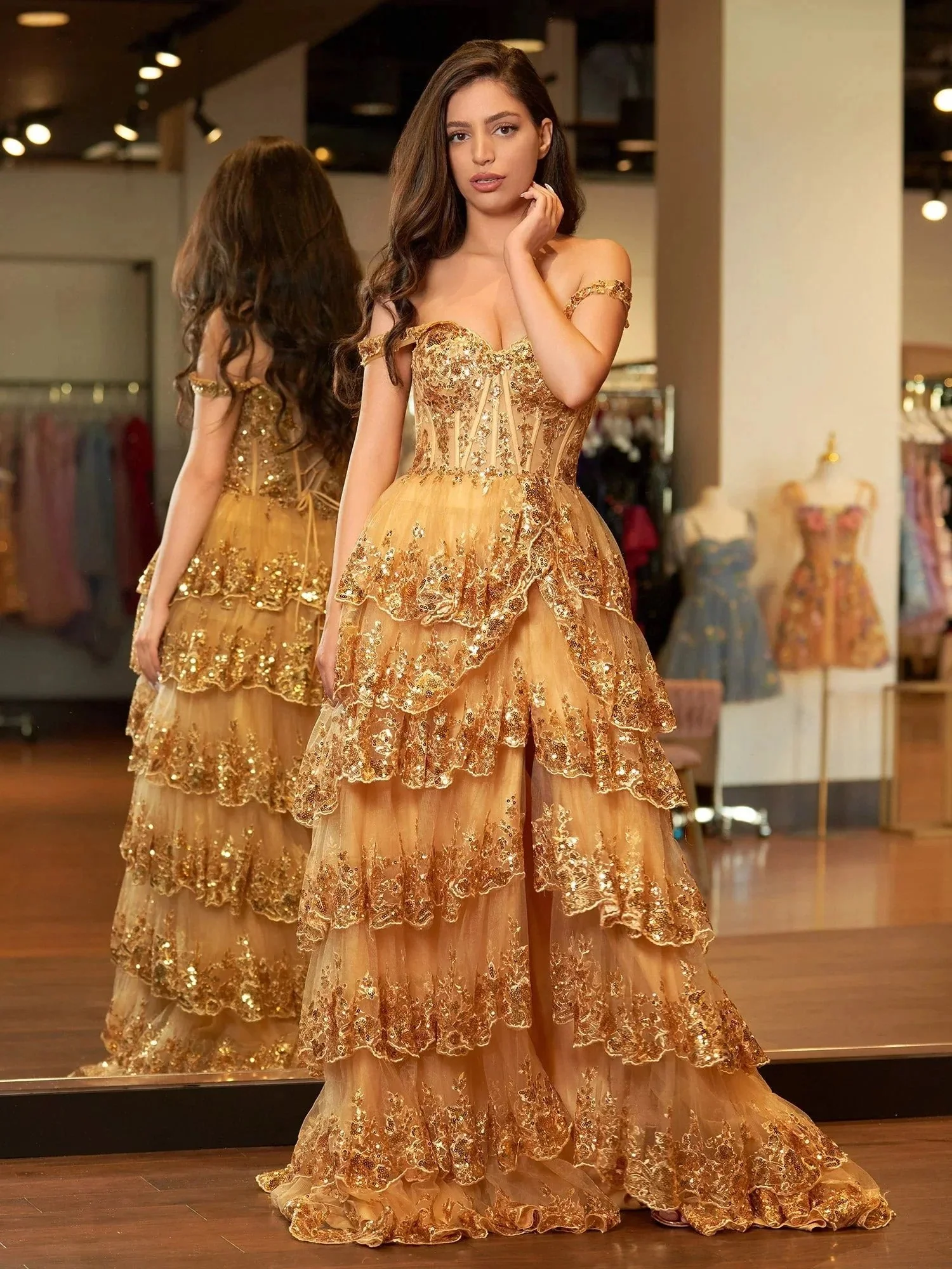 Gold Princess A Line Off the Shoulder Corset Prom Dress with Lace Ruffles - Image 3