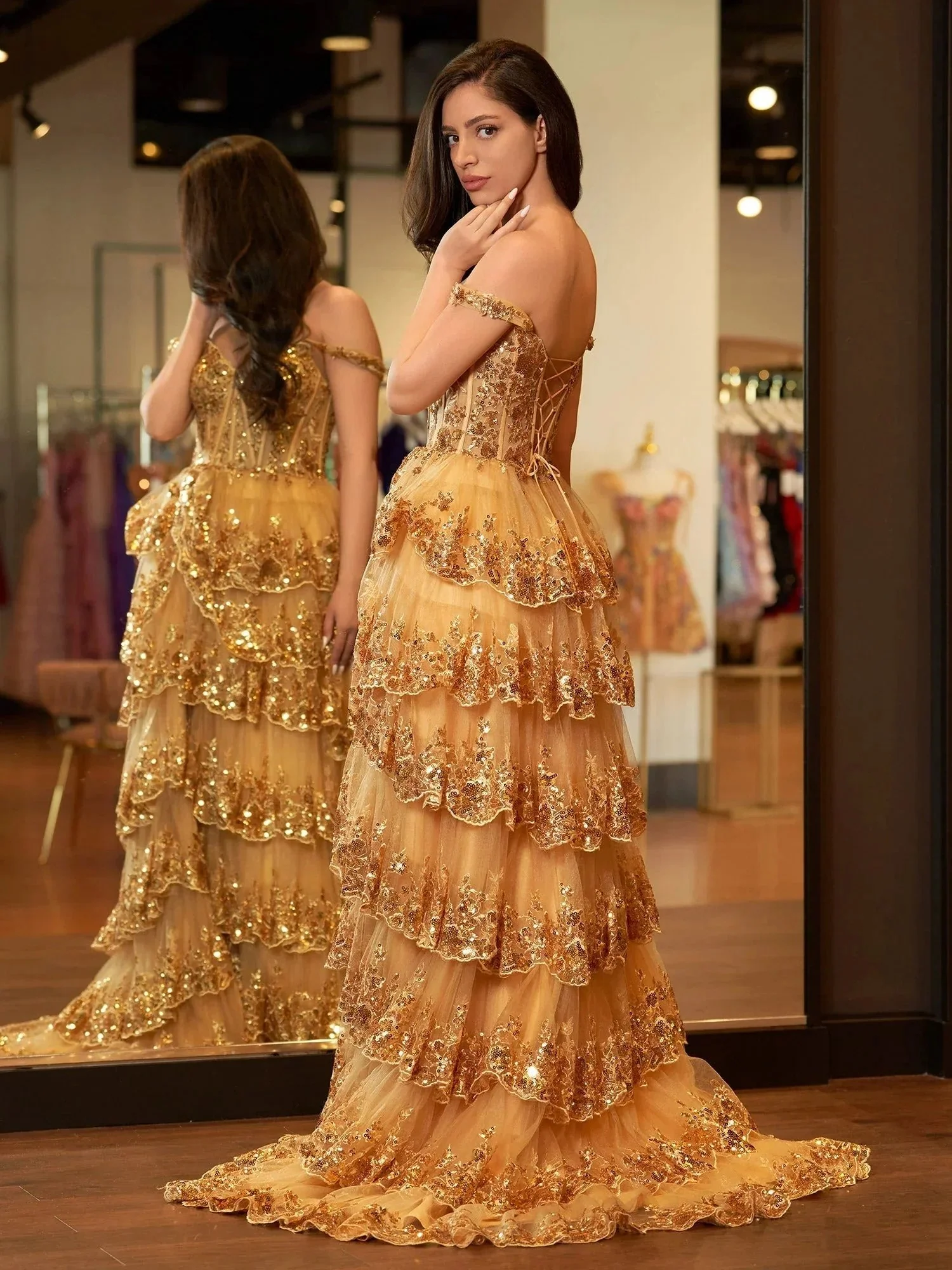 Gold Princess A Line Off the Shoulder Corset Prom Dress with Lace Ruffles - Image 4