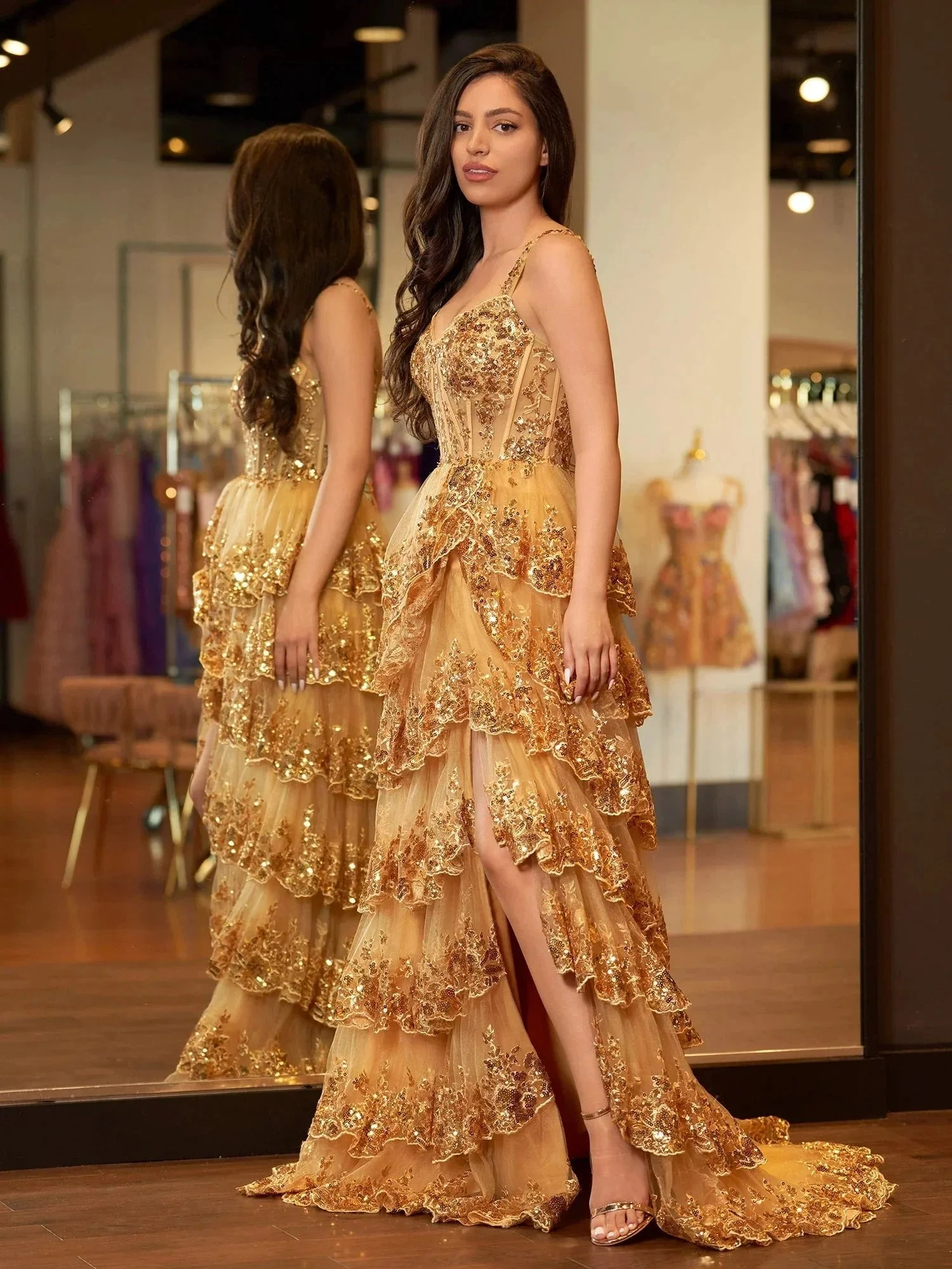 Gold Princess A Line Off the Shoulder Corset Prom Dress with Lace Ruffles - Image 5