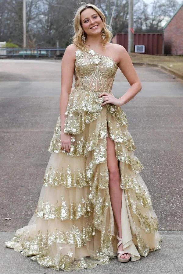 Navy Blue Tulle Sequin One-Shoulder Long Prom Dress with Slit PSK489 - Image 3