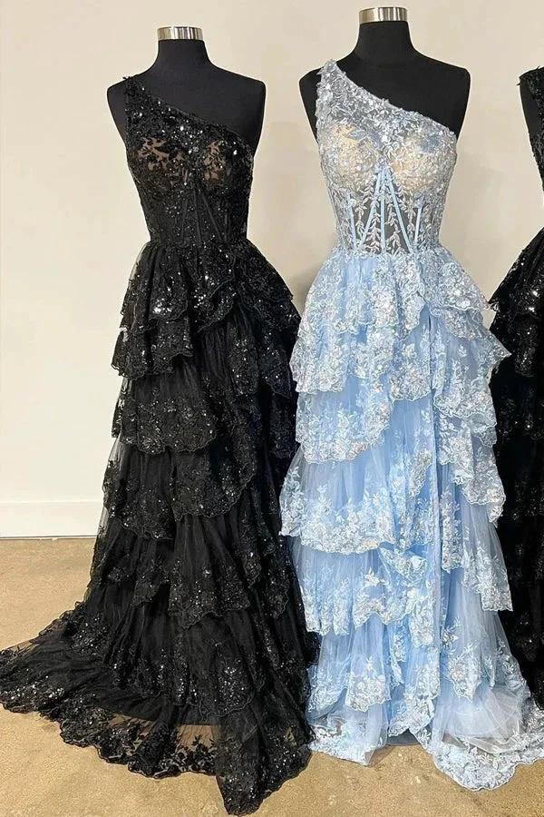 Navy Blue Tulle Sequin One-Shoulder Long Prom Dress with Slit PSK489 - Image 4