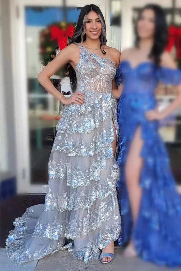 Navy Blue Tulle Sequin One-Shoulder Long Prom Dress with Slit PSK489 - Image 5