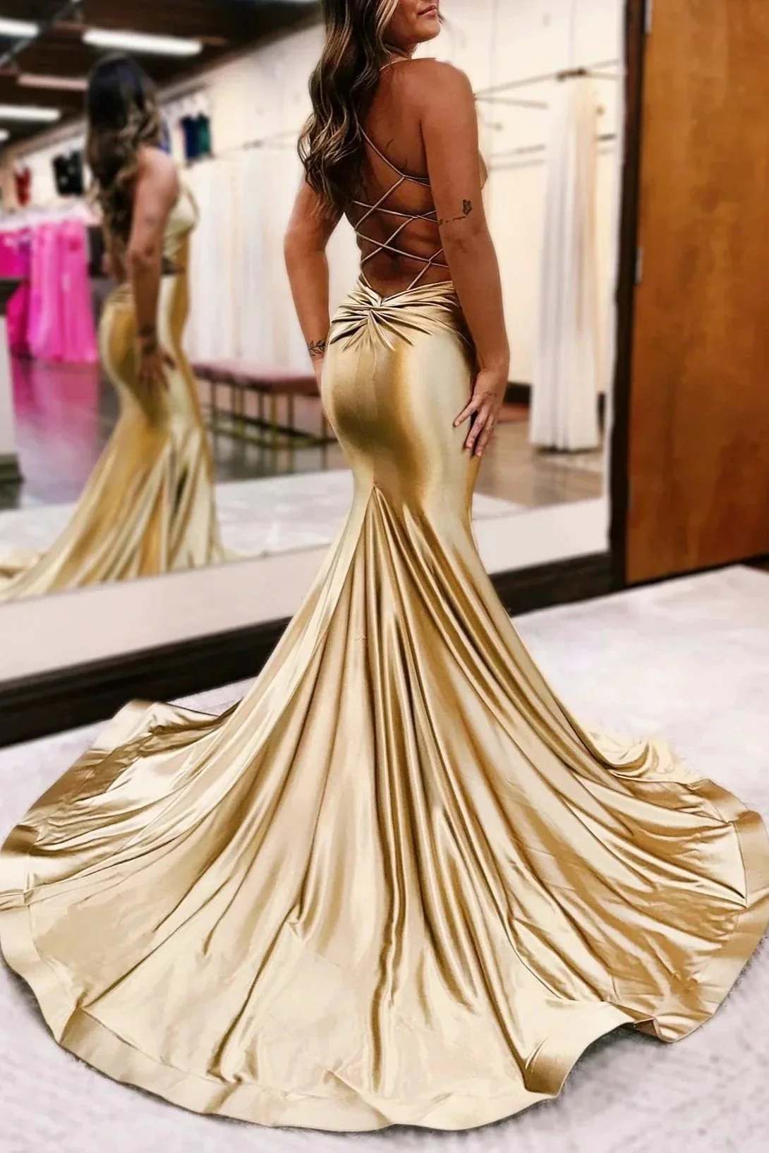 Gold V-Neck Lace-Up Trumpet Long Formal Dress - Image 3