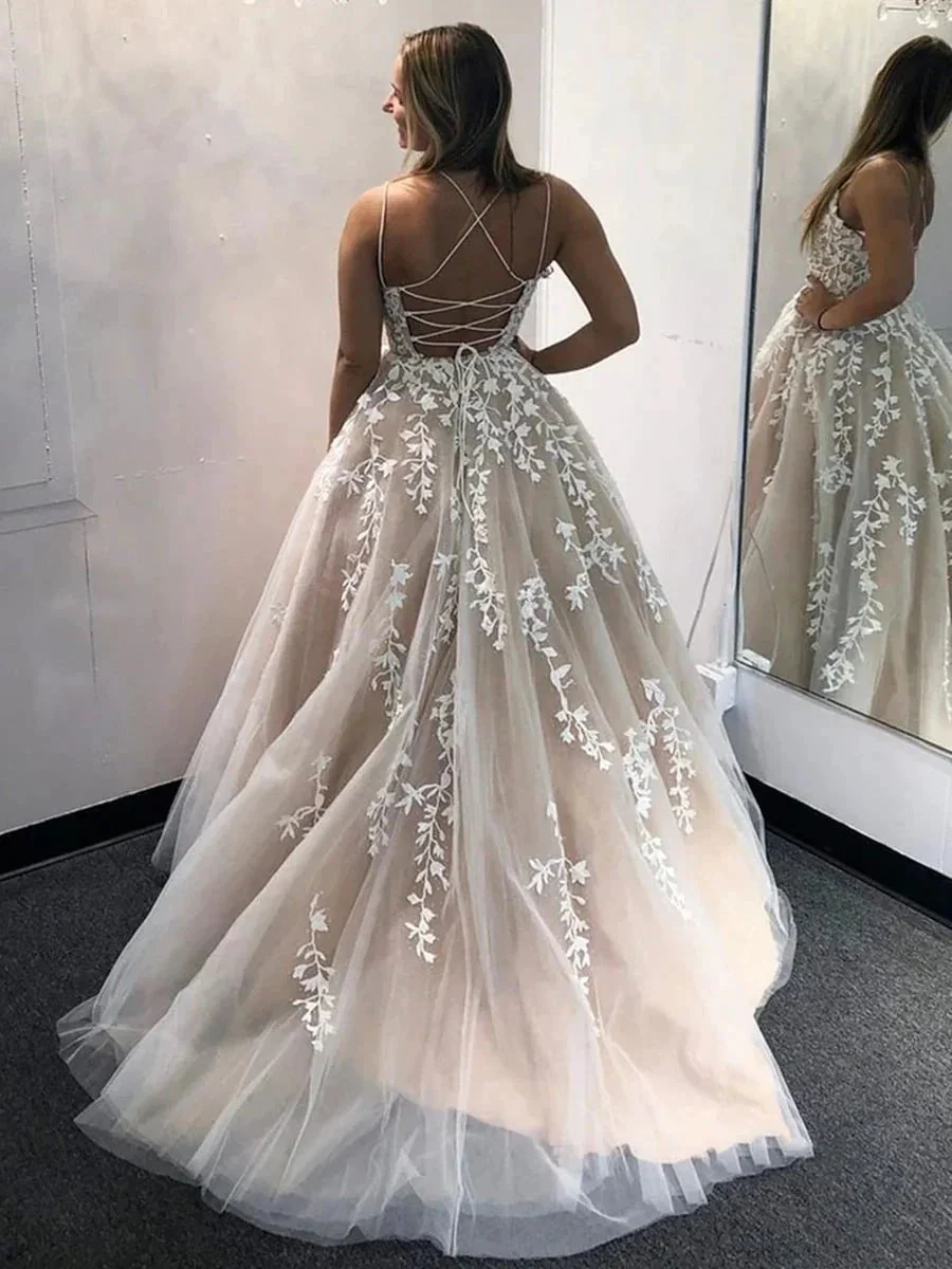 Gorgeous A-line Backless Tulle Open Back Long Prom Dresses with Lace Appliques - Image 2