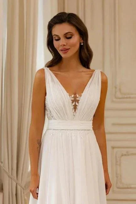 Gorgeous A-Line Chiffon Lace V-Neck Sleeveless White Wedding Dresses With Openback - Image 2