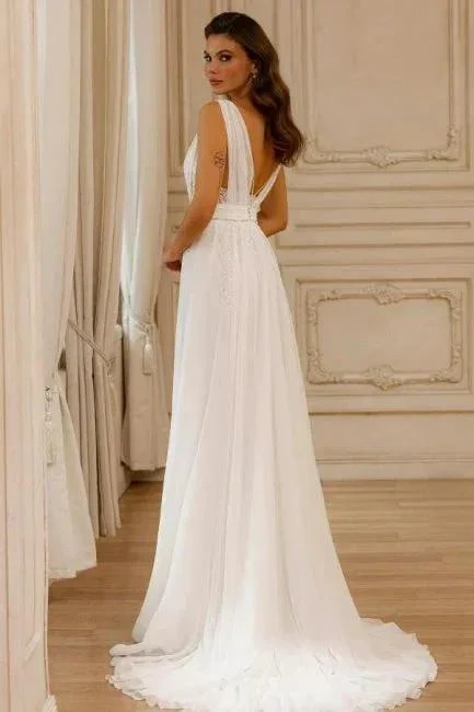 Gorgeous A-Line Chiffon Lace V-Neck Sleeveless White Wedding Dresses With Openback - Image 3