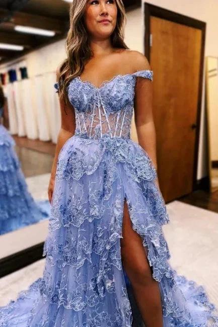 Gorgeous A-Line Lace Off-The-Shoulder Sleeveless Prom Dresses With Split - Image 2