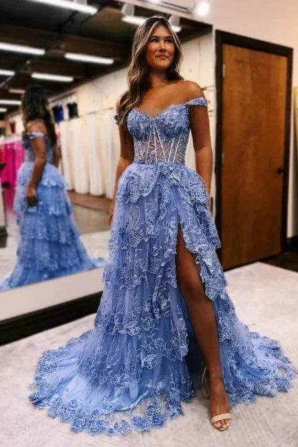 Gorgeous A-Line Lace Off-The-Shoulder Sleeveless Prom Dresses With Split - Image 3