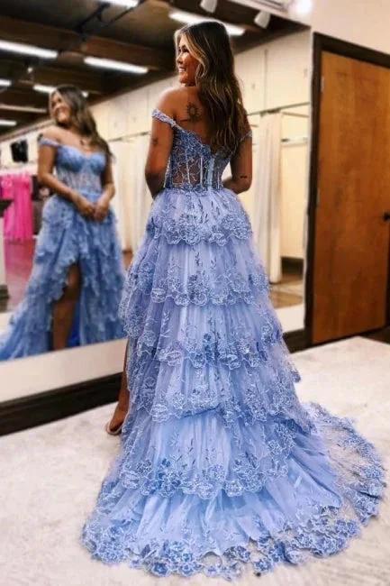 Gorgeous A-Line Lace Off-The-Shoulder Sleeveless Prom Dresses With Split - Image 4