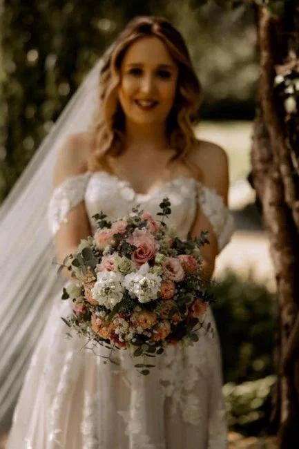 Gorgeous A-Line Lace Off-The-Shoulder Sleeveless White Wedding Dresses With Ruffles - Image 3