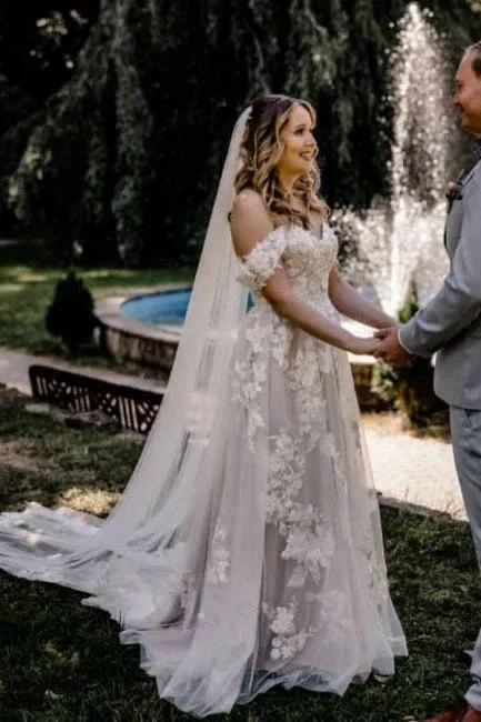 Gorgeous A-Line Lace Off-The-Shoulder Sleeveless White Wedding Dresses With Ruffles - Image 4
