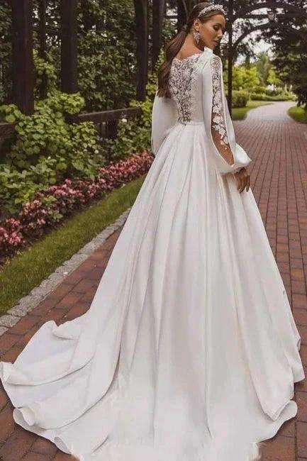 Gorgeous A-Line Satin Long Sleeve White Wedding Dress With Appliques - Image 2