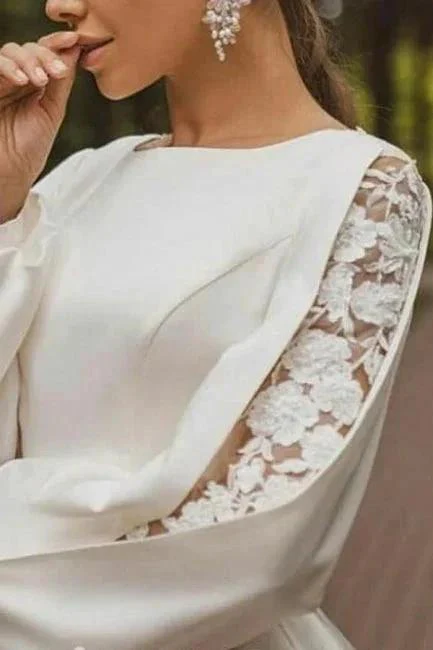 Gorgeous A-Line Satin Long Sleeve White Wedding Dress With Appliques - Image 3