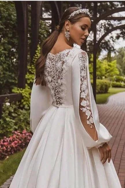 Gorgeous A-Line Satin Long Sleeve White Wedding Dress With Appliques - Image 4