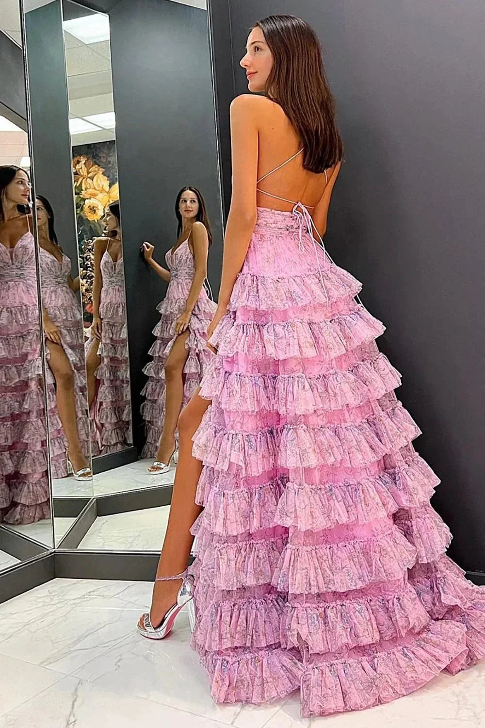 Lena |A Line Spaghetti Straps Printed Tulle Prom Dress with Ruffles - Image 2