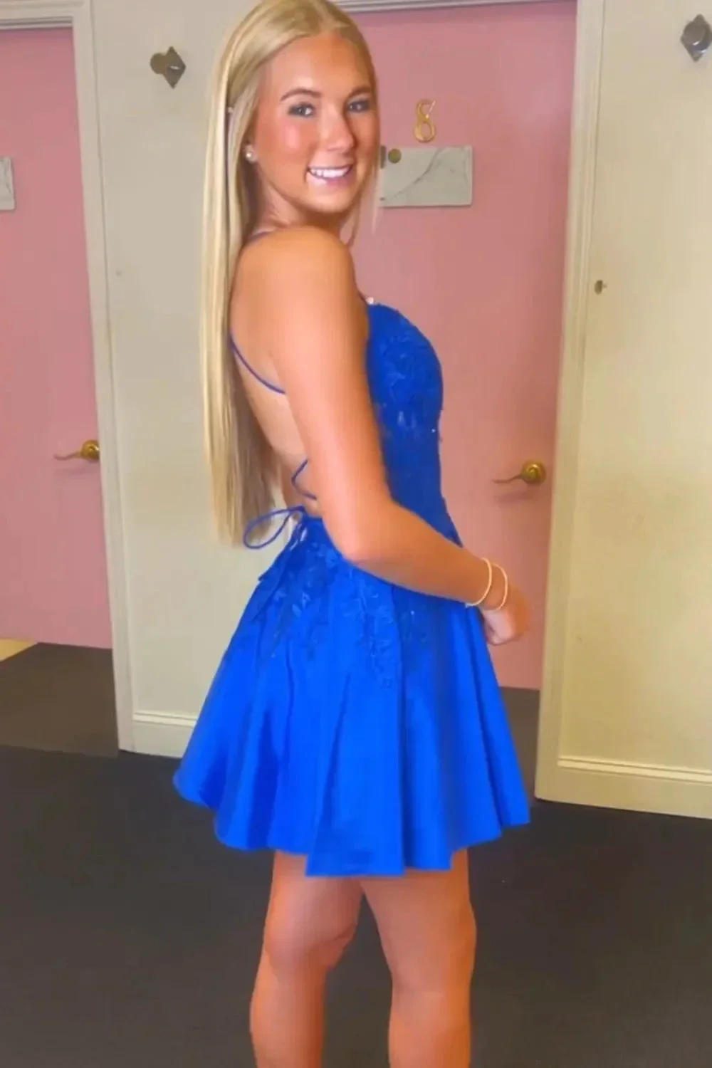 Gorgeous A Line Spaghetti Straps Royal Blue Corset Homecoming Dress with Appliques - Image 3