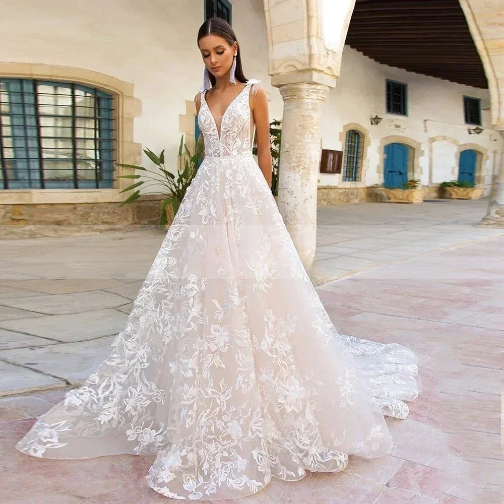 Gorgeous A-line Tulle Appliques Lace Wedding Dress V-neck Vestidos De Novia Open Back Princess Vestido De Noiva - Image 4